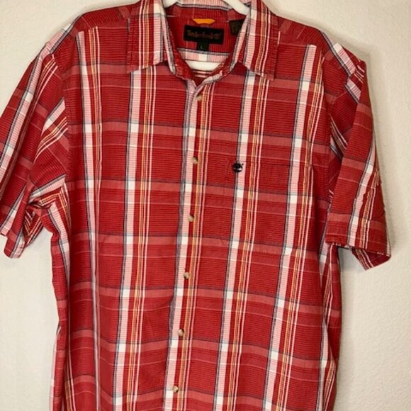 Timberland Men's short sleeve button up logo shirt Large red plaid pattern - Picture 1 of 7